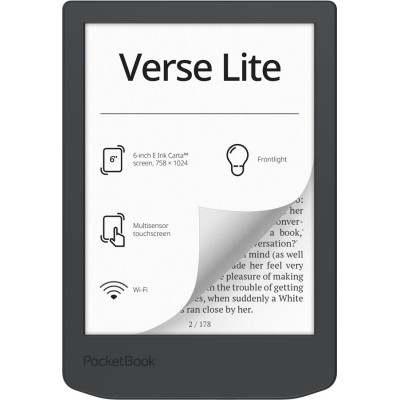 Електронна книга 6" PocketBook Verse Lite, Midnight Grey, WiFi, 1024x758 (E Ink Carta), 512Mb/8Gb, сенсорний екран, 16 градацій сірого, 212 DPI, підсвічування екрану SMARTlight, 1000 mAh,