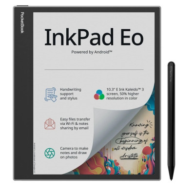 Електронна книга 10.3" PocketBook InkPad Eo, Mist Grey, WiFi, 2480x1860 (E Ink Kaleido 3), 4Gb / 64Gb, сенсорний екран, 4096 градацій кольору, 300 DPI, підсвічування екрану, Bluetooth, microSD (до 128Gb), Web камера, 4000 mAh, Type-C (PB1042-M-CIS)