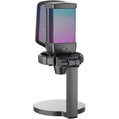 Мікрофон Fifine Q6, Black, USB, підключення дротове, кабель 2 м, RGB підсвічування, - 43 дБ, з регулятором чутливості, з антивібраційним кріпленням та поп-фільтром, дискова стійка