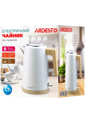 Електрочайник Ardesto EKL-F420WWD, White, 2200 Вт, 1.7 л, дисковий, індикатор роботи, корпус нержавіюча сталь, автоматичне відключення за відсутності води