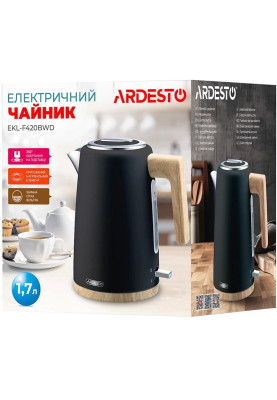 Електрочайник Ardesto EKL-F420BWD, Black, 2200 Вт, 1.7 л, дисковий, індикатор роботи, корпус нержавіюча сталь, автоматичне відключення за відсутності води