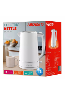 Електрочайник Ardesto EKL-450W, White, 2200W, 1.7 л, дисковий, пластиковий корпус, індикатор рівня води, автоматичне відключення при відсутності води