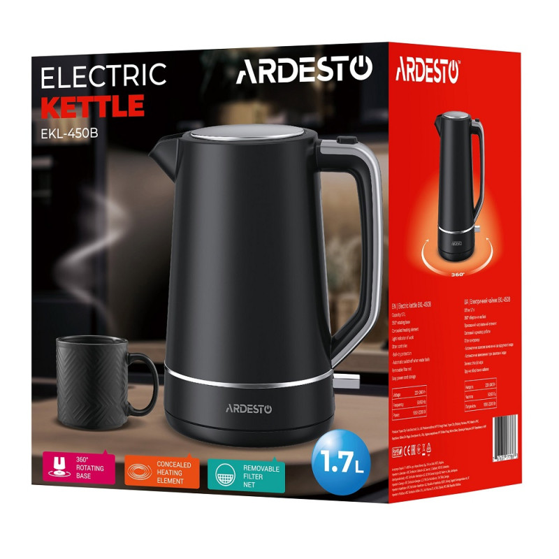 Електрочайник Ardesto EKL-450B, Black, 2200W, 1.7 л, дисковий, пластиковий корпус, індикатор рівня води, автоматичне відключення при відсутності води