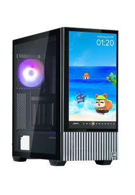 Корпус Zalman Z10 DS, Black, Mid Tower, без БП, для ATX / Micro ATX / Mini ITX, 1xType-C / 2xUSB 3.0, макс. CPU - 173 мм / VGA - 395 мм, 1x120 мм ARGB / 2x120 мм, 15.6" LCD екран (1920x1080), бічна панель із загартованого скла