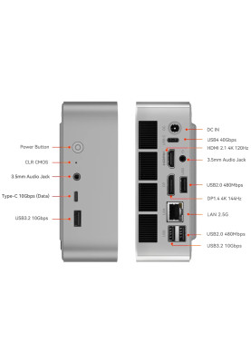 Неттоп Beelink SER8, Silver, Ryzen 7 8745HS (8x3.8-4.9 GHz), 24Gb DDR5 5600 MHz SO-DIMM (2/2), 1Tb SSD NVMe Gen4, 1xM.2 2280, Radeon 780M, WiFi 6, Bluetooth 5.2, 2.5GLan, 2xType-C / 2xUSB 3.2 / 2xUSB 2.0, HDMI/DP, Windows 11 Pro (8A.EU3600835N10)