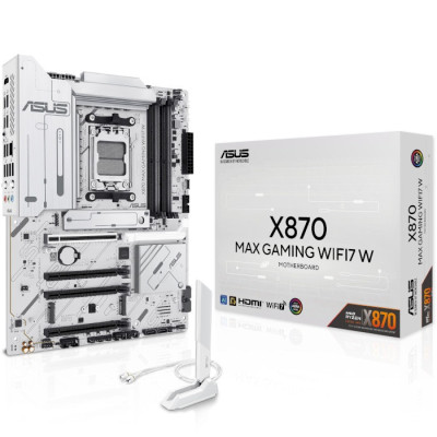 Материнська плата AM5 Asus X870 MAX GAMING WIFI7 W, X870, 4xDDR5, Int.Video (CPU), 4xSATA3, 3xM.2, 1xPCI-E 5.0 x16, 2xPCI-E 4.0 x16, 1xPCI-E 3.0 x16, Realtek 7.1, Realtek 2.5Gb, WiFi 7, Bluetooth 5.4, HDMI/2xType-C, ATX