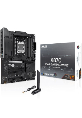 Материнська плата AM5 Asus X870 MAX GAMING WIFI7, X870, 4xDDR5, Int.Video (CPU), 4xSATA3, 3xM.2, 1xPCI-E 5.0 x16, 2xPCI-E 4.0 x16, 1xPCI-E 3.0 x16, Realtek 7.1, Realtek 2.5Gb, WiFi 7, Bluetooth 5.4, HDMI/2xType-C, ATX