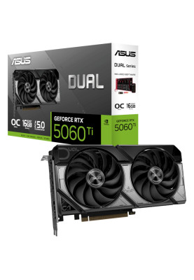 Відеокарта GeForce RTX 5060 Ti, ASUS, DUAL OC, 16Gb GDDR7, 128-bit, HDMI/3xDP, 2632/28000 MHz, 8-pin (DUAL-RTX5060TI-O16G)