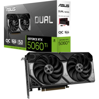 Відеокарта GeForce RTX 5060 Ti, ASUS, DUAL OC, 16Gb GDDR7, 128-bit, HDMI/3xDP, 2632/28000 MHz, 8-pin (DUAL-RTX5060TI-O16G)