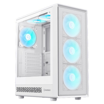 Корпус GameMax Storm 2 AW, White, без БЖ, Midi Tower, ATX / Micro ATX / Mini-ITX, 1xType-C / 1xUSB 3.0 / 1xUSB 2.0, макс. CPU - 155 мм / VGA - 330 мм, 6x120 мм Blue LED, бічна панель із загартованого скла, хаб Fan x6