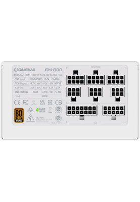 Блок живлення 800 Вт, GameMax GM-800, White, напівмодульний, 80+ Bronze, Active PFC, 14 см, 3xMolex / 6xSATA / 2x6+2-pin / 1x4+4-pin / 1x20+4-pin, захист OVP / UVP / OCP / OLP / OPP / SCP