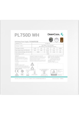 Блок живлення 750 Вт, Deepcool PL750D, White, 80+ Bronze, Active PFC, 12 см HYB, 2xMolex / 6xSATA / 1x16-pin / 3x6+2-pin / 2x4+4-pin / 1x20+4-pin, захист OPP/OVP/SCP/OTP/OCP/UVP/SIP/NLO, ATX12V V3.0 (R-PL750D-FC0W-EU-V2)