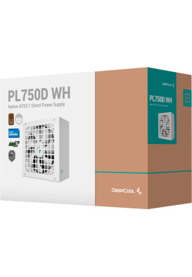 Блок живлення 750 Вт, Deepcool PL750D, White, 80+ Bronze, Active PFC, 12 см HYB, 2xMolex / 6xSATA / 1x16-pin / 3x6+2-pin / 2x4+4-pin / 1x20+4-pin, захист OPP/OVP/SCP/OTP/OCP/UVP/SIP/NLO, ATX12V V3.0 (R-PL750D-FC0W-EU-V2)