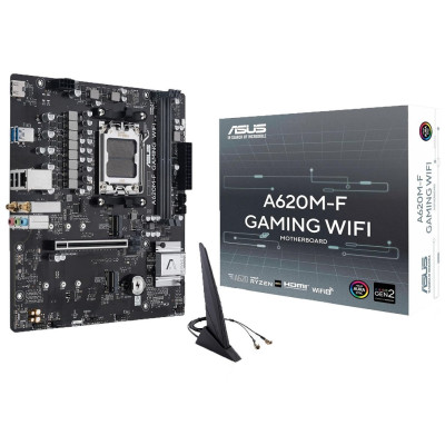 Материнська плата AM5 Asus A620M-F GAMING WIFI, A620, 2xDDR5, Int.Video (CPU), 2xM.2, 1xPCI-E 4.0 x16, Realtek 7.1, Realtek 2.5Gb, WiFi 6, Bluetooth 5.3, 2xUSB 3.2 / 2xUSB 2.0, HDMI, MicroATX