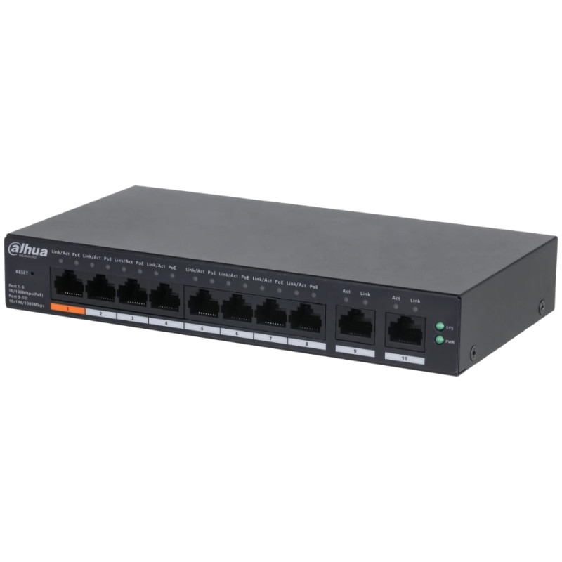 PoE комутатор Dahua DH-CS4010-8ET-60, 8х10/100/1000 PoE, 2х1000 RJ45 (Uplink), Black