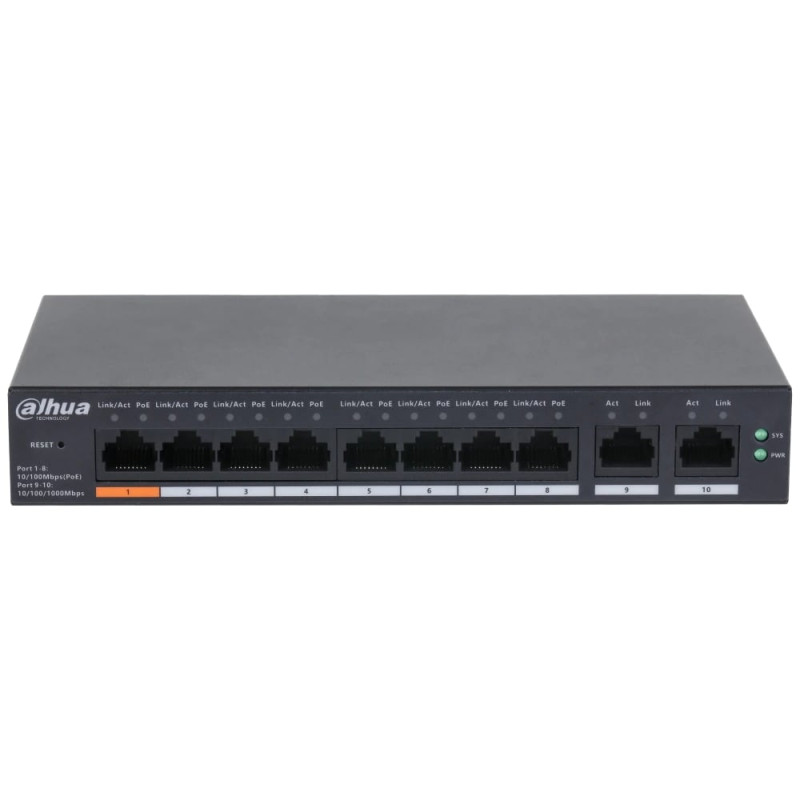 PoE комутатор Dahua DH-CS4010-8ET-60, 8х10/100/1000 PoE, 2х1000 RJ45 (Uplink), Black