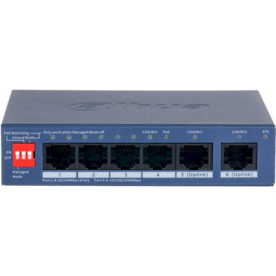 PoE комутатор Dahua DH-CS4006-4ET2GT-36, 4x10/100 PoE, 2хRJ45 Uplink, 115х85х195 мм, Black