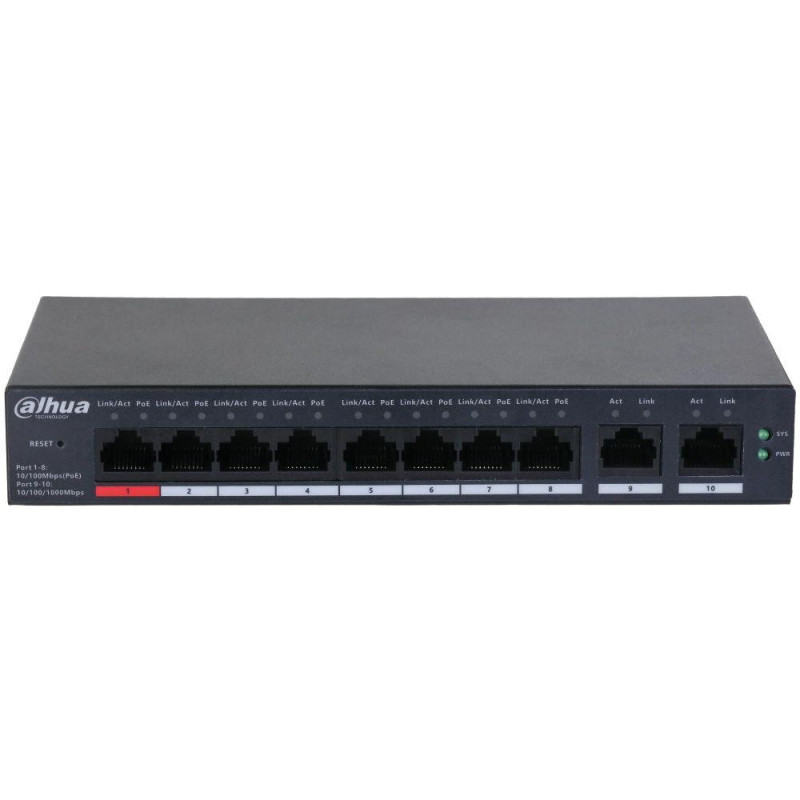PoE комутатор Dahua DH-CS4010-8ET-110, 8х10/100 PoE, 2х1000 RJ45 (Uplink), Black