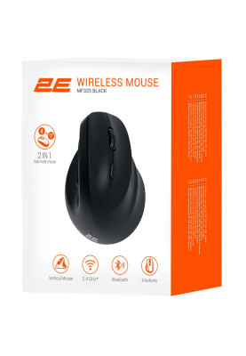 Миша бездротова 2E MF325 Silent, Black, Bluetooth / USB (2.4GHz), оптична (сенсор PixArt 3212), 800-2400 dpi, 30 IPS, 6 кнопок, до 10 м, 1xAA (2E-MF325WBK)