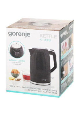 Електрочайник Gorenje K17DPB, Black, 2200W, 1.7 л, відключення під час закипання, захист від перегріву, індикатор рівня води, пластик