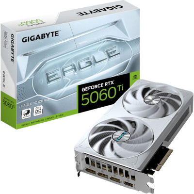 Відеокарта GeForce RTX 5060 Ti, Gigabyte, EAGLE OC ICE, 16Gb GDDR7, 128-bit, HDMI/3xDP, 2617/28000 MHz, 8-pin (GV-N506TEAGLEOC ICE-16GD)