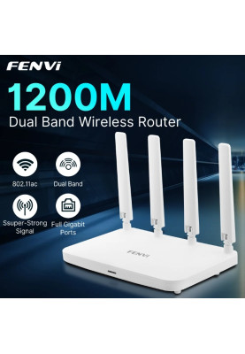 Роутер Fenvi FV-AC1200WR, White, WiFi 5 (2.4GHz до 300 MB/s / 5GHz до 587 MB/s), 3xGLan, 1xGWan, MU-MIMO, 4 внешних антенн