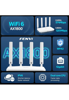 Роутер Fenvi FV-AX1800WR, White, WiFi 6 (2.4GHz до 574 MB/s / 5GHz до 1201 MB/s), 3xGLan, 1xGWan, MU-MIMO, 4 внешних антенн