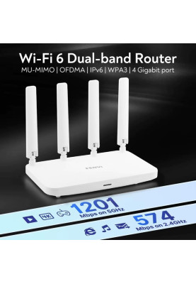Роутер Fenvi FV-AX1800WR, White, WiFi 6 (2.4GHz до 574 MB/s / 5GHz до 1201 MB/s), 3xGLan, 1xGWan, MU-MIMO, 4 внешних антенн