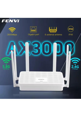 Роутер Fenvi FV-AX3000WR, White, WiFi 6 (2.4GHz до 574 MB/s / 5GHz до 2402 MB/s), 3xGLan, 1xGWan, MU-MIMO, 6 внешних антенн