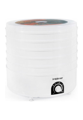Сушарка овочів та фруктів Holmer HFD-51W White, 520W, керування механічне, 5 лотків, висота сушильного піддону 4см, діаметр 38см