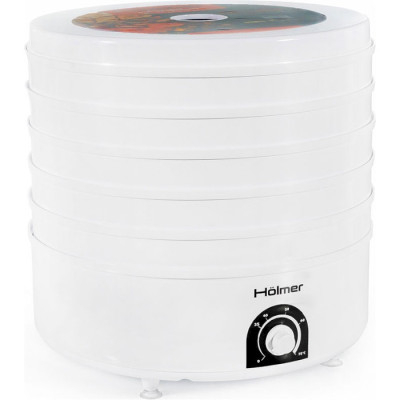 Сушарка овочів та фруктів Holmer HFD-51W White, 520W, керування механічне, 5 лотків, висота сушильного піддону 4см, діаметр 38см