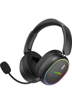 Навушники бездротові Hator Phoenix 2 Wireless, Black, Bluetooth 5.4 / USB 2.4GHz / Type-C, мікрофон (ENC), динаміки 40 мм з неодимовим магнітом, Hybrid ANC, RGB підсвічування, Hi-Res / LDAC, SyncHUB, 16 Ом, 115 дБ, акумулятор 850 mAh, кейс (ESH40)
