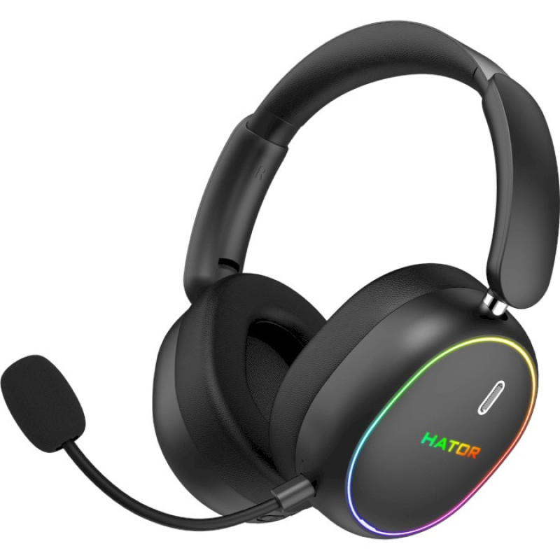 Навушники бездротові Hator Phoenix 2 Wireless, Black, Bluetooth 5.4 / USB 2.4GHz / Type-C, мікрофон (ENC), динаміки 40 мм з неодимовим магнітом, Hybrid ANC, RGB підсвічування, Hi-Res / LDAC, SyncHUB, 16 Ом, 115 дБ, акумулятор 850 mAh, кейс (ESH40)