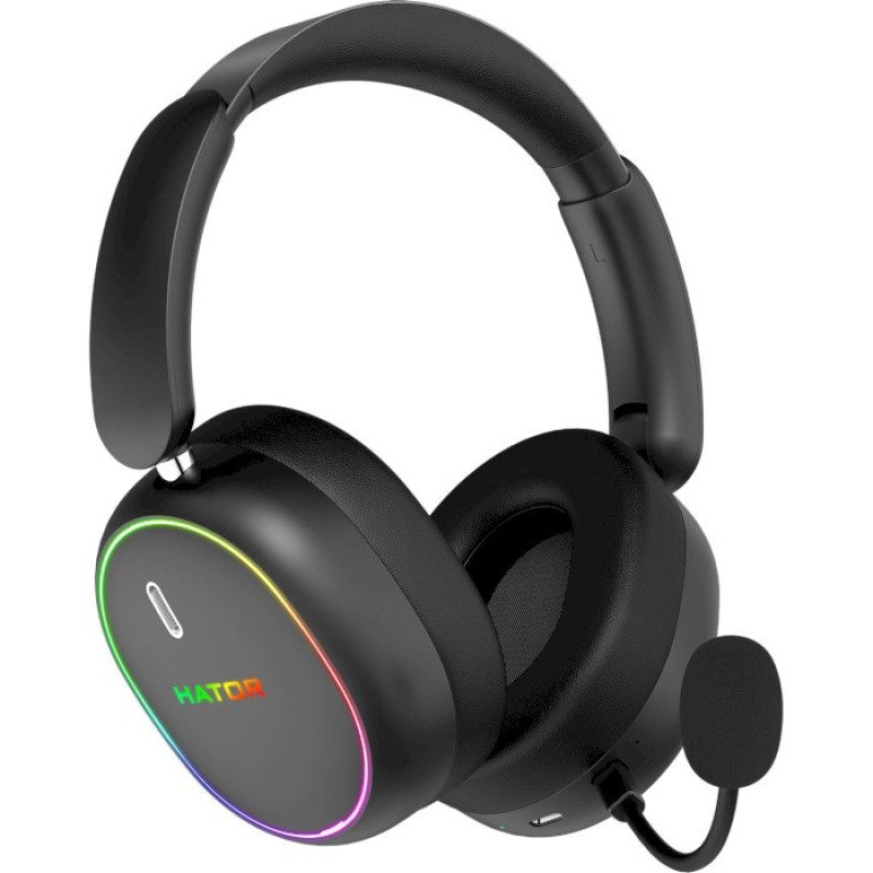 Навушники бездротові Hator Phoenix 2 Wireless, Black, Bluetooth 5.4 / USB 2.4GHz / Type-C, мікрофон (ENC), динаміки 40 мм з неодимовим магнітом, Hybrid ANC, RGB підсвічування, Hi-Res / LDAC, SyncHUB, 16 Ом, 115 дБ, акумулятор 850 mAh, кейс (ESH40)