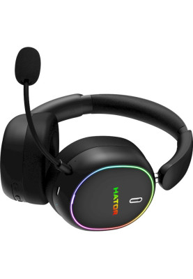 Навушники бездротові Hator Phoenix 2 Wireless, Black, Bluetooth 5.4 / USB 2.4GHz / Type-C, мікрофон (ENC), динаміки 40 мм з неодимовим магнітом, Hybrid ANC, RGB підсвічування, Hi-Res / LDAC, SyncHUB, 16 Ом, 115 дБ, акумулятор 850 mAh, кейс (ESH40)