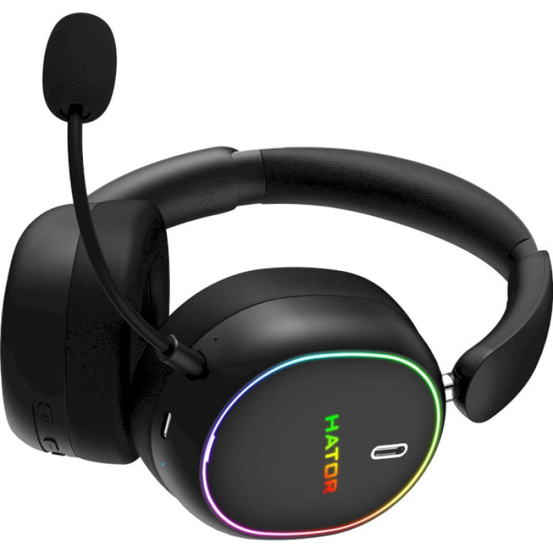 Навушники бездротові Hator Phoenix 2 Wireless, Black, Bluetooth 5.4 / USB 2.4GHz / Type-C, мікрофон (ENC), динаміки 40 мм з неодимовим магнітом, Hybrid ANC, RGB підсвічування, Hi-Res / LDAC, SyncHUB, 16 Ом, 115 дБ, акумулятор 850 mAh, кейс (ESH40)