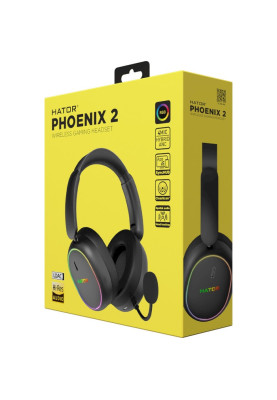 Навушники бездротові Hator Phoenix 2 Wireless, Black, Bluetooth 5.4 / USB 2.4GHz / Type-C, мікрофон (ENC), динаміки 40 мм з неодимовим магнітом, Hybrid ANC, RGB підсвічування, Hi-Res / LDAC, SyncHUB, 16 Ом, 115 дБ, акумулятор 850 mAh, кейс (ESH40)