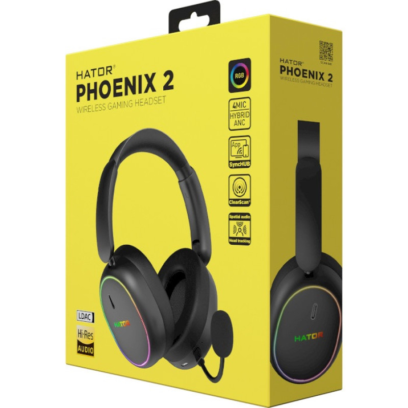 Навушники бездротові Hator Phoenix 2 Wireless, Black, Bluetooth 5.4 / USB 2.4GHz / Type-C, мікрофон (ENC), динаміки 40 мм з неодимовим магнітом, Hybrid ANC, RGB підсвічування, Hi-Res / LDAC, SyncHUB, 16 Ом, 115 дБ, акумулятор 850 mAh, кейс (ESH40)