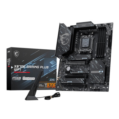 Материнська плата AM5 MSI X870E GAMING PLUS WIFI, X870E, 4xDDR5, Int.Video (CPU), 4xSATA3, 3xM.2, 1xPCI-E 5.0 x16, 1xPCI-E 4.0 x16, 1xPCI-E 3.0 x16, 1xPCI-E 3.0 x1, ALC897, 8126-VB, WiFi 7, Bluetooth 5.4, 8xUSB 3.2 / 10xUSB 2.0, HDMI/Type-C, ATX