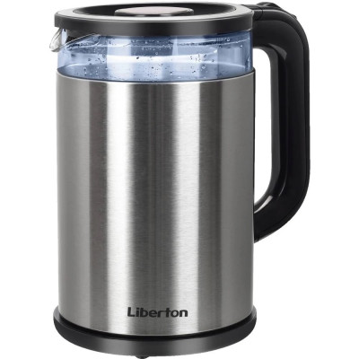 Електрочайник Liberton LEK-6832, Black/Inox, 1500W, 1.7л, дисковий, подвійна стінка (нержавіюча сталь+скло), автовідключення, індикатор включення, шкала рівня води внутрішня