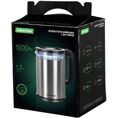 Електрочайник Liberton LEK-6832, Black/Inox, 1500W, 1.7л, дисковий, подвійна стінка (нержавіюча сталь+скло), автовідключення, індикатор включення, шкала рівня води внутрішня