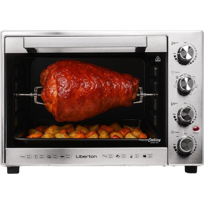 Електродуховка Liberton LEO-602 Inox, 2200W, 60л, 70-250 °C, 6 режимів проготування, конвекція, підсвітка, решітка, деко прямокутне, деко ля піци 23 см, тримач для дека та рожна, рожен, лоток для жиру