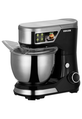Планетарний міксер Edler EDFP-7702, Black/Inox, 600W, 8 режими швидкості, чаша 5л з нерж. сталі, гак для тіста, збивач, вінчик, бризкозахистна накладка чаші