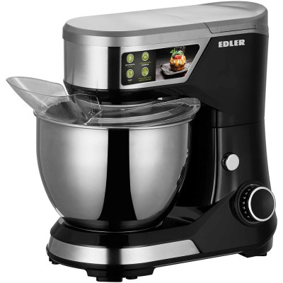 Планетарний міксер Edler EDFP-7702, Black/Inox, 600W, 8 режими швидкості, чаша 5л з нерж. сталі, гак для тіста, збивач, вінчик, бризкозахистна накладка чаші