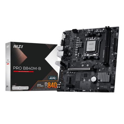 Материнська плата AM5 MSI PRO B840M-B, B840, 2xDDR5, Int.Video (CPU), 4xSATA3, 2xM.2, 1xPCI-E 4.0 x16, 2xPCI-E 3.0 x1, ALC897, Realtek 8125D 2.5Gb, 7xUSB 3.2 / 6xUSB 2.0, VGA/HDMI, MicroATX