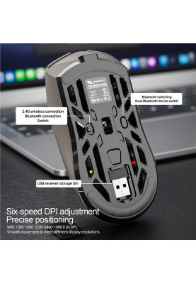 Миша бездротова SMAILWOLF RS8, Black, Bluetooth 5.1 / USB 2.4GHz / Type-C, оптична (сенсор E-Sports), 1200 - 10 000 dpi, RGB підсвічування, 6 кнопок, цифровий LCD екран