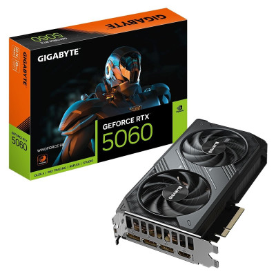 Відеокарта GeForce RTX 5060, Gigabyte, WINDFORCE, 8Gb GDDR7, 128-bit, HDMI/3xDP, 2497/28000 MHz, 8-pin (GV-N5060WF2-8GD)