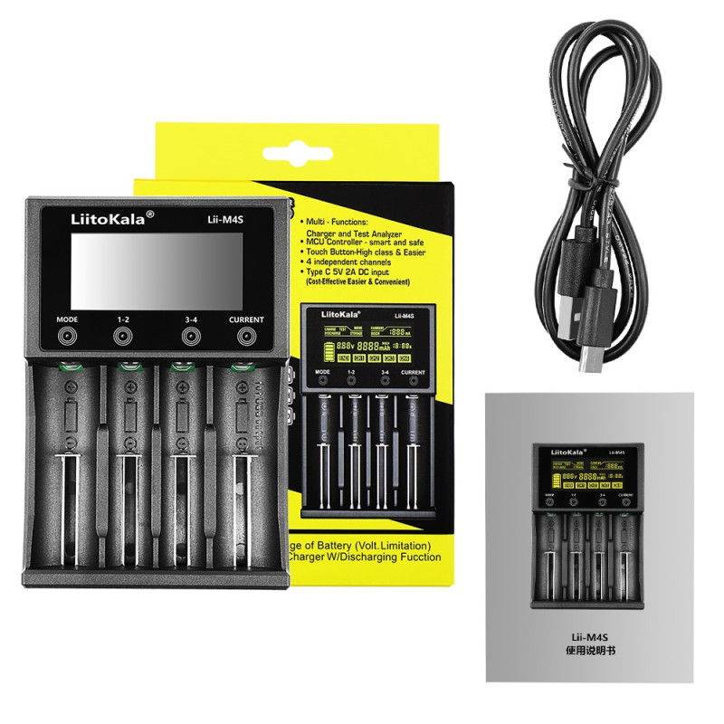 Зарядний пристрій LiitoKala Lii-M4S, Black, 4xAA/AAA/C Ni-MH/Ni-Cd, 26650/21700/26500/18650/1850 Li-Ion, живлення від USB