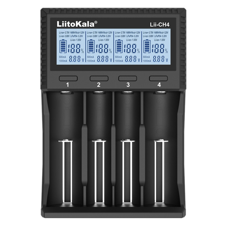 Зарядний пристрій LiitoKala Lii-CH4, Black, 4xAA/AAA/C Ni-MH/Ni-Cd, 21700/26650/18650/14500/10440 Li-Ion / LiFePO4, живлення від USB