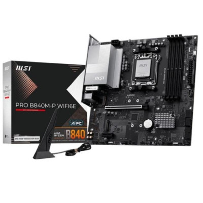Материнська плата AM5 MSI PRO B840M-P WIFI6E, B840, 4xDDR5, Int.Video (CPU), 4xSATA3, 2xM.2, 1xPCI-E 4.0 x16, 1xPCI-E 3.0 x1, ALC897, Realtek 2.5GbE, WiFi 6E, Bluetooth 5.3, 7xUSB 3.2 / 8xUSB 2.0, HDMI, MicroATX